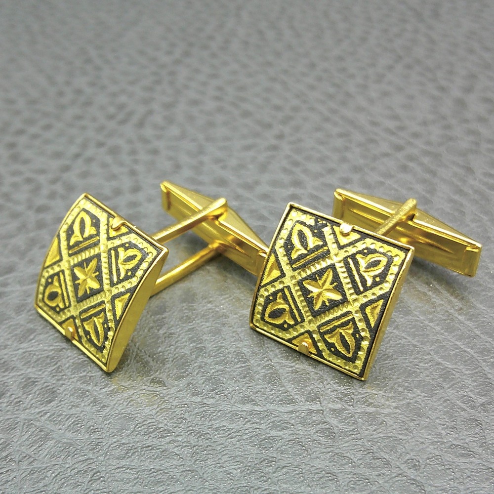 Vintage Gold Tone Damascene Cufflinks Square Geometric Etched Mid Century Style